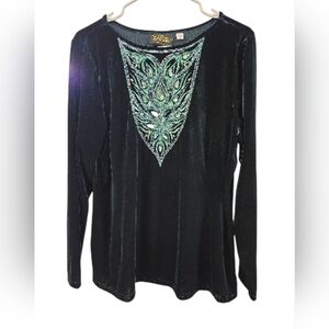 BOB MACKIE WEARABLE ART VELVET JEWEL ADORNED LONG SLEEVE GREEN BLOUSE.SIZE LARGE